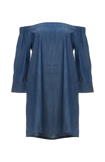 Jonesy Off Shoulder Chambray Dress with Pockets Slide 1