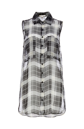 Lavender Brown Sheer Plaid Silk Tunic Top Slide 1