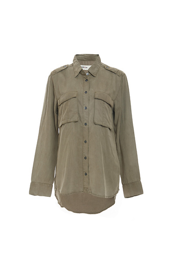 Point Collar Woven Button Up Military Shirt Slide 1