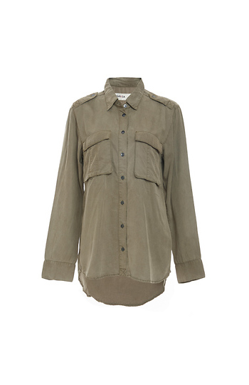 Point Collar Woven Button Up Military Shirt Slide 1