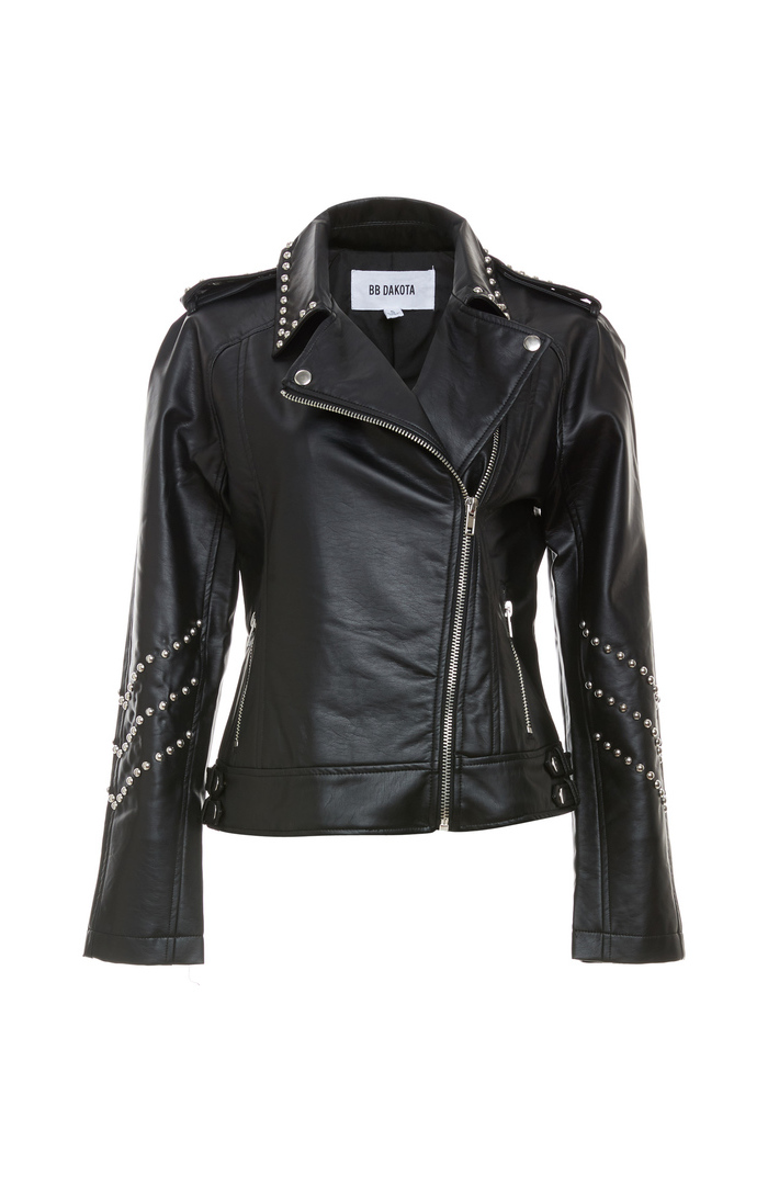 BB Dakota Polish Studded Faux Leather Moto Jacket in Black | DAILYLOOK