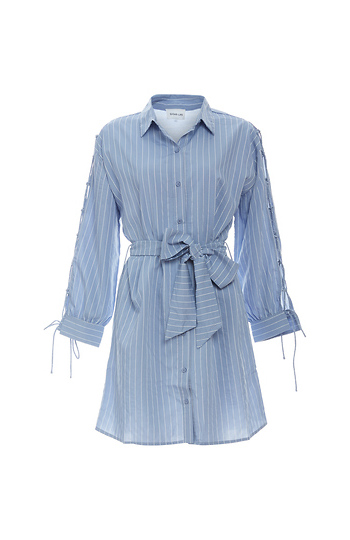 Striped Button Down Waist Tie Dress Slide 1