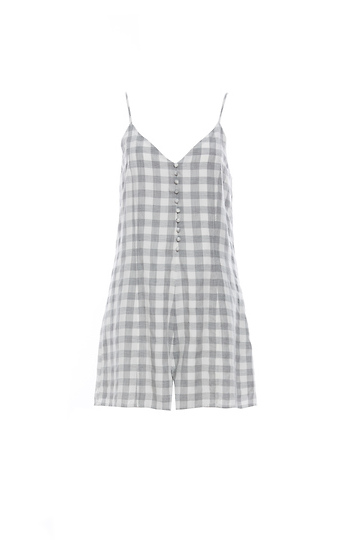 Front Button Grainy Plaid Romper Slide 1