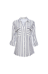 Striped Button Up Shirt w/ Contrast Pockets Slide 1