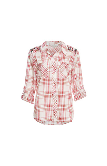 Skies Are Blue Embroidered Shoulders Plaid Shirt Slide 1