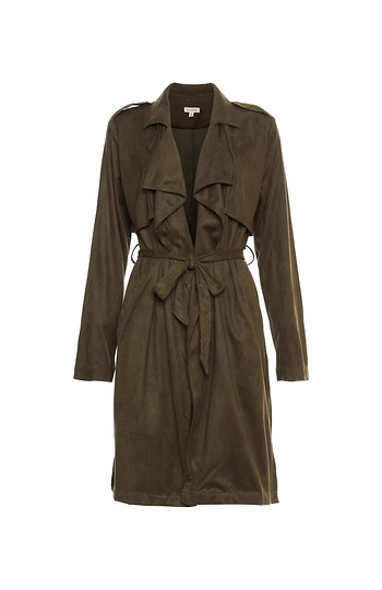 En Creme Cascade Front Suede Trench Coat Slide 1