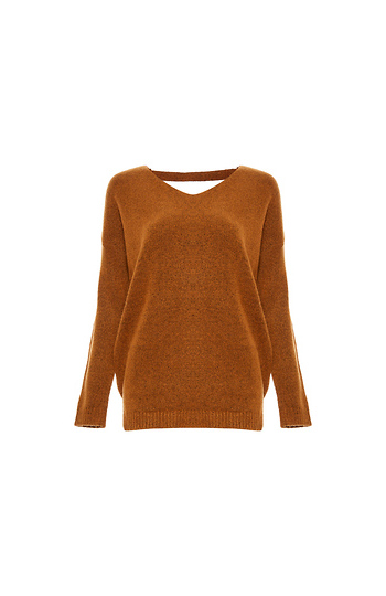 Open Back Knotted V-Neck Sweater Slide 1