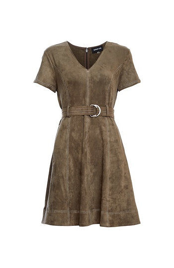 Belted A-Line Suede Dress Slide 1