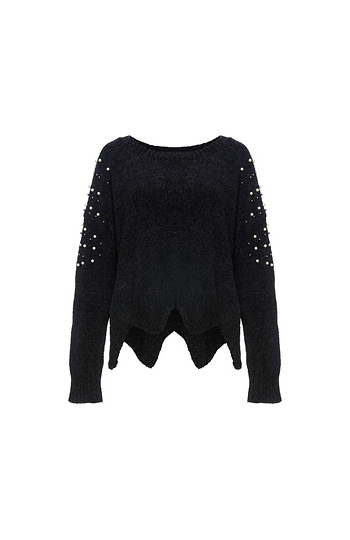 Asymmetrical Hem Sweater with Pearls Slide 1