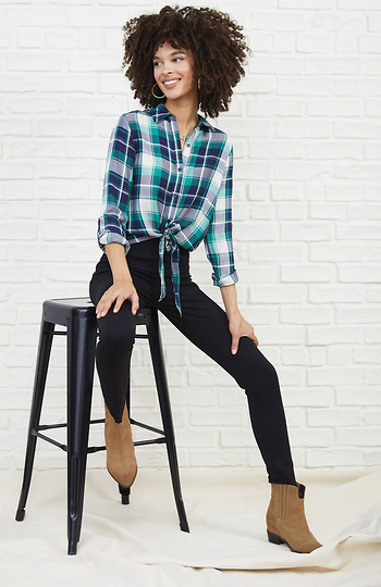 Front Tie Button Up Plaid Top Slide 1