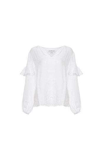 Velvet by Graham & Spencer Ruffled Long Sleeve Linen Top Slide 1