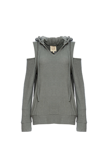 Chaser Love Knit Long Sleeve Open Shoulder V-Neck Hoodie Slide 1