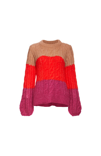 Round Neck Color Block Cable Sweater Slide 1