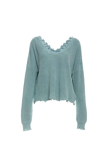 Cropped Distressed V-Neck Sweater Slide 1