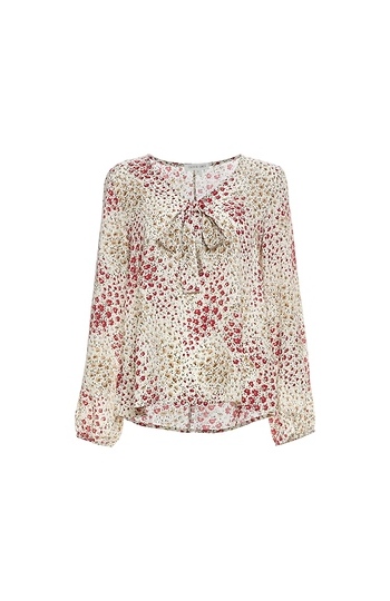 Neck Tie Long Sleeve Printed Top Slide 1