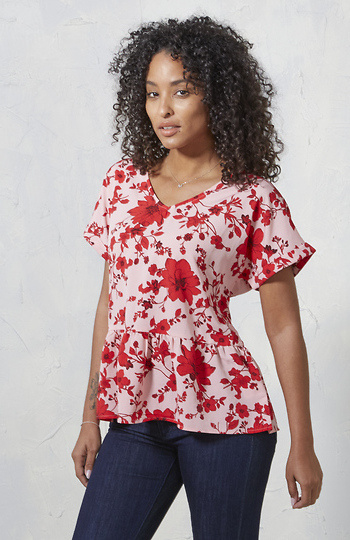 V-Neck Peplum Hem Printed Top Slide 1