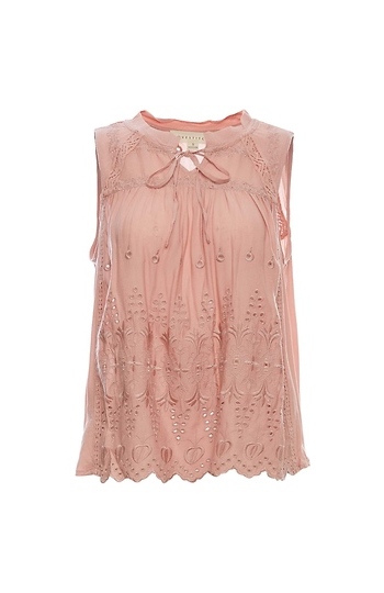 Embroidered Sleeveless Top with Lace Trim Slide 1