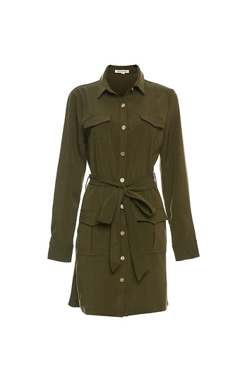 Buttoned Front Long Sleeve Cargo Dress Slide 1