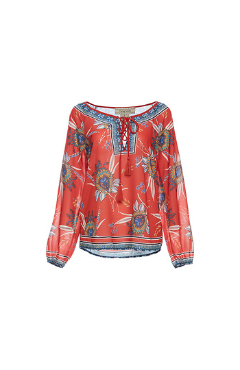 Lace Up Neck Long Sleeve Printed Top Slide 1