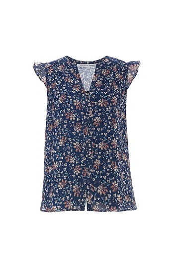 Split Neck Ruffle Sleeve Printed Top Slide 1