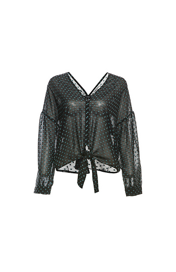 Semi-Sheer Front Tie Blouse Slide 1