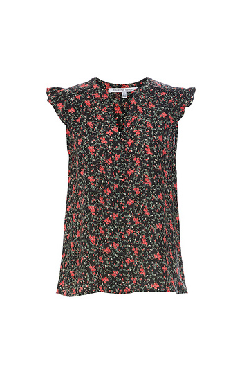 Split Neck Ruffle Sleeve Printed Top Slide 1