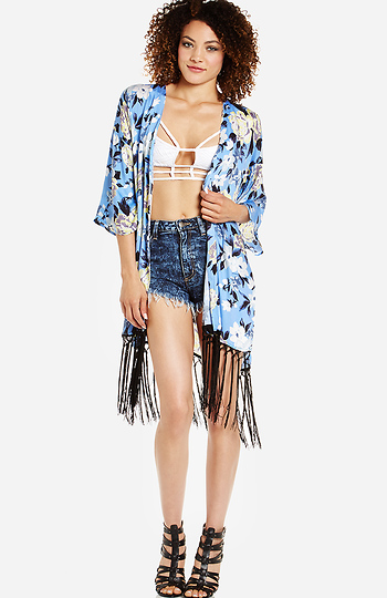 Floral Fringed Kimono Slide 1