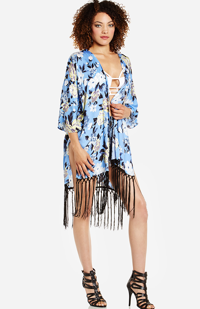 Floral Fringed Kimono in Light Blue DAILYLOOK