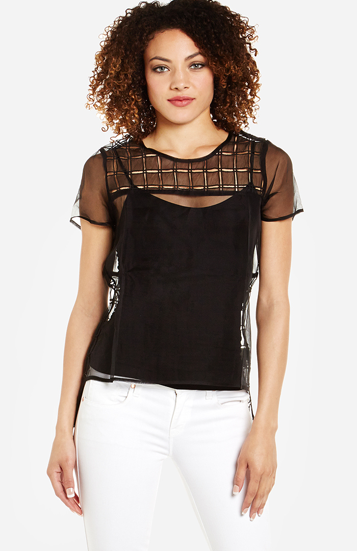 Line & Dot Sheer Organza Silk Top in Black DAILYLOOK