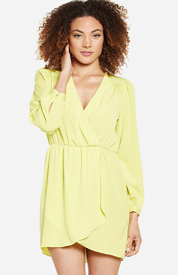 Dainty Faux Wrap Dress in Yellow | DAILYLOOK