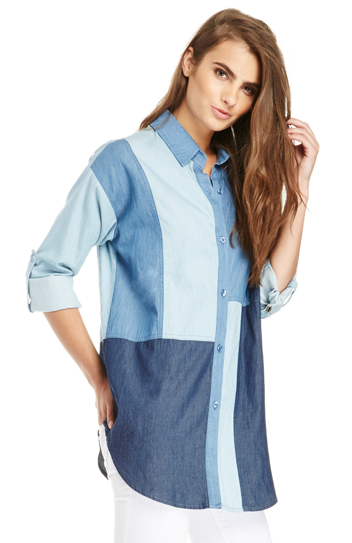 Line & Dot Mixed Media Shirt Dress in Floral Multi DAILYLOOK