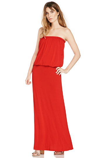 Strapless Jersey Knit Maxi Dress in Red | DAILYLOOK