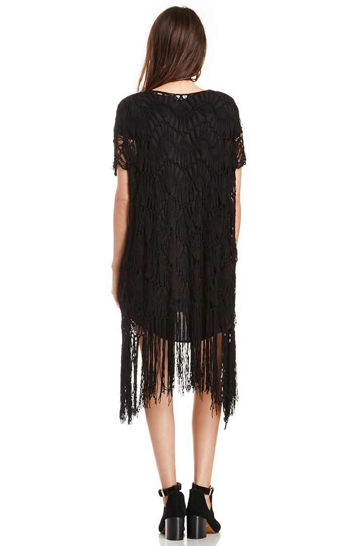 Long Crochet Fringe Kimono in Black DAILYLOOK