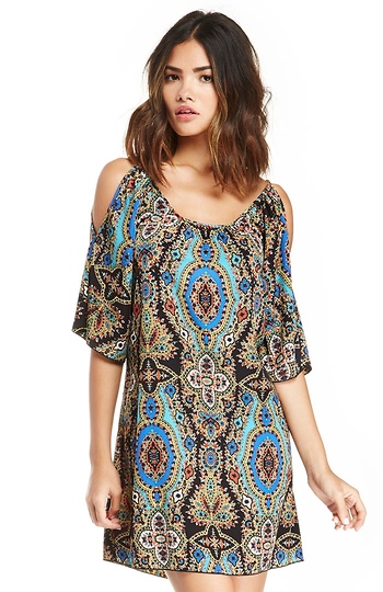 Exotic Print Cold Shoulder Dress Slide 1