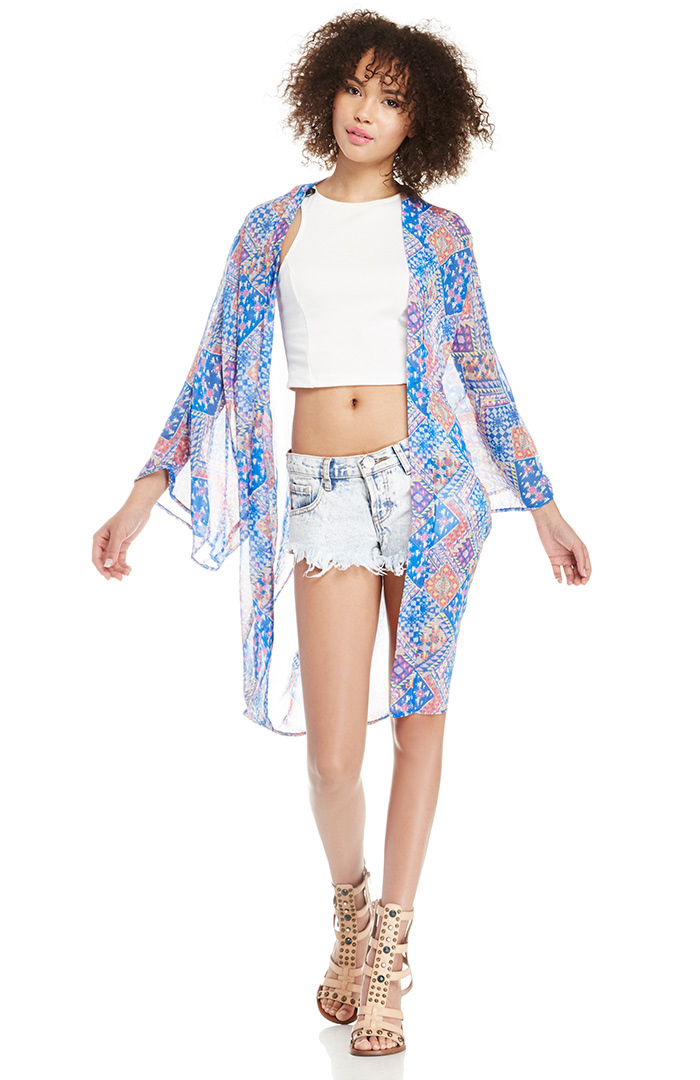 Patchwork Print Kimono in Blue DAILYLOOK