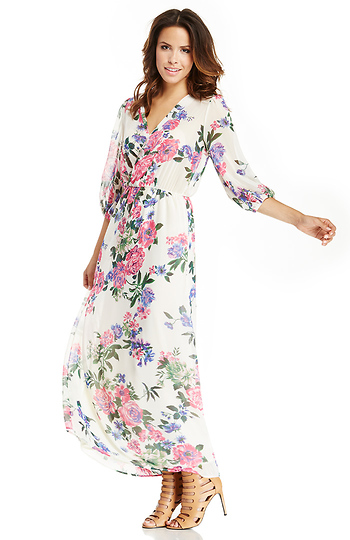 Open V-Front Floral Dress in Cream | DAILYLOOK