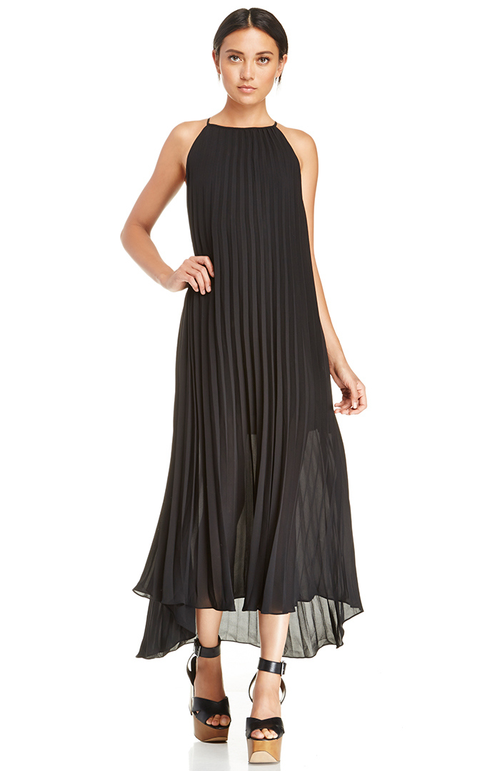 Line & Dot Pleated Maxi Dress in Black DAILYLOOK