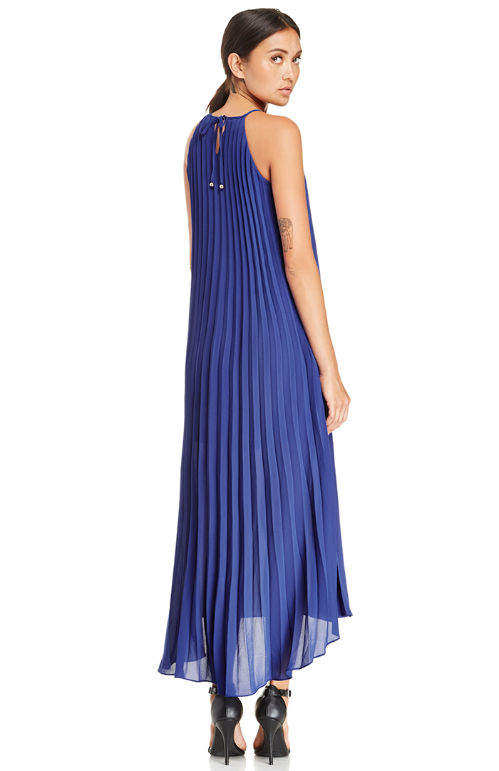 Line & Dot Pleated Maxi Dress in Royal Blue | DAILYLOOK