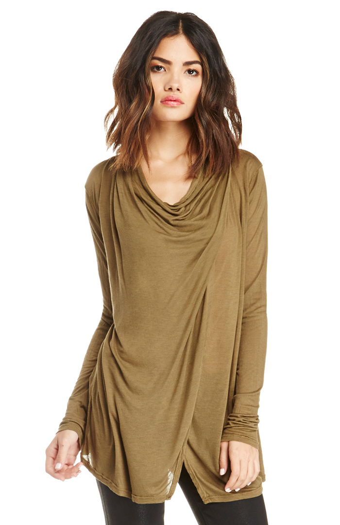LAmade Gauzy Draped Front Cardigan in Olive DAILYLOOK