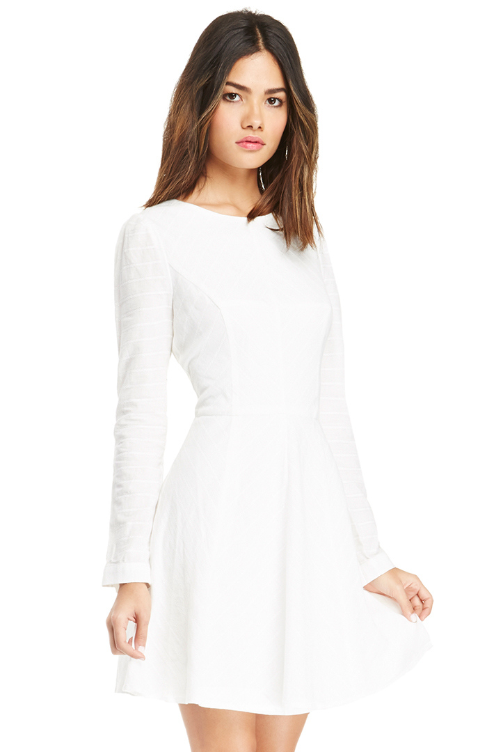 Harlyn Long Sleeve Cotton Fit & Flare Dress in White | DAILYLOOK