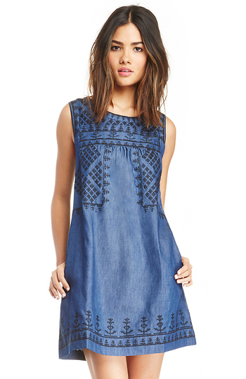 Sleeveless Embroidered Chambray Shift Dress Slide 1