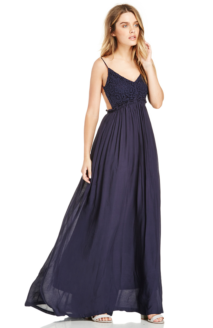 Crochet Bodice Maxi Dress in Navy DAILYLOOK