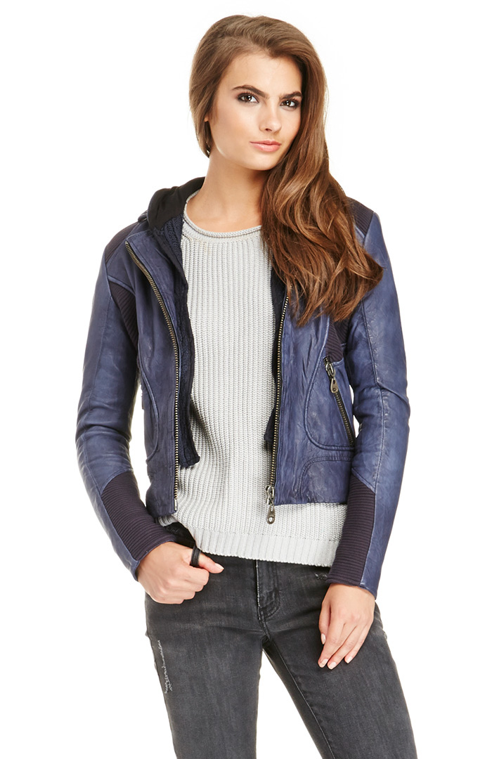 DOMA Simone Leather Hoodie Jacket in Navy | DAILYLOOK