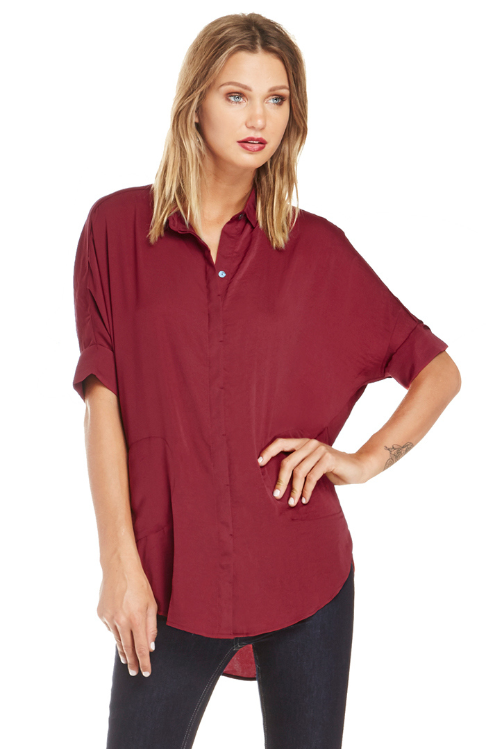 Satin Button Down Blouse in Burgundy DAILYLOOK