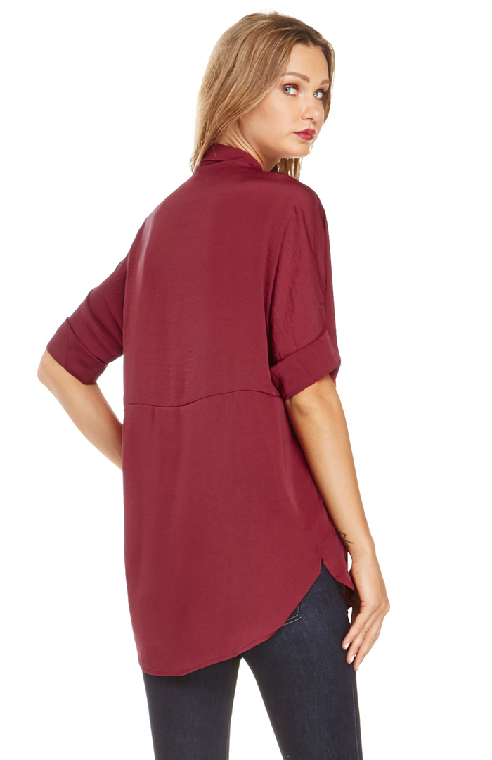 Satin Button Down Blouse in Burgundy DAILYLOOK