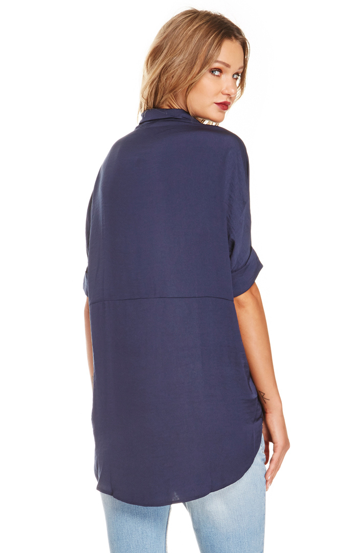 Satin Button Down Blouse in Navy DAILYLOOK