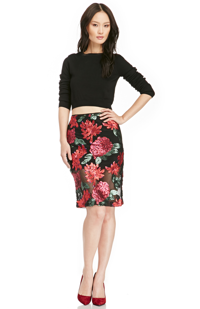 Sequin Jardin de Fleurs Skirt in Black/Red | DAILYLOOK