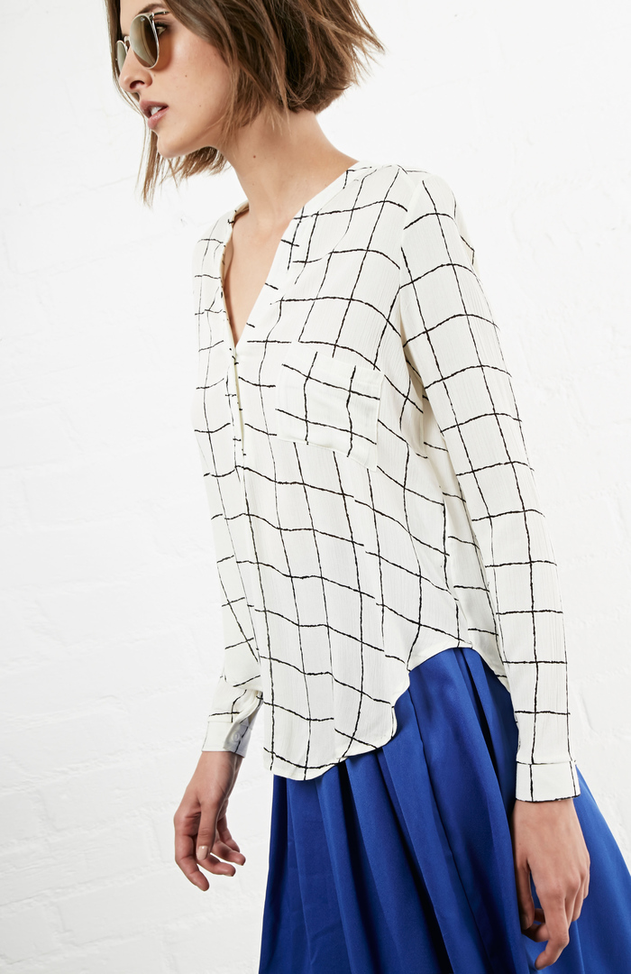 Marshall Matters Long Sleeve Grid Blouse in Cream DAILYLOOK