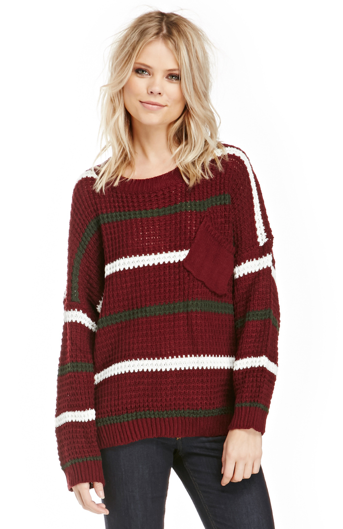 Striped Knit Varsity Sweater in Burgundy | DAILYLOOK
