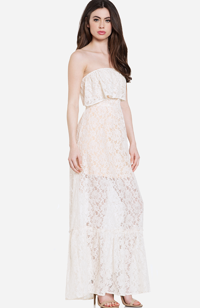 DAILYLOOK Lace Ruffle Maxi Dress in Cream DAILYLOOK